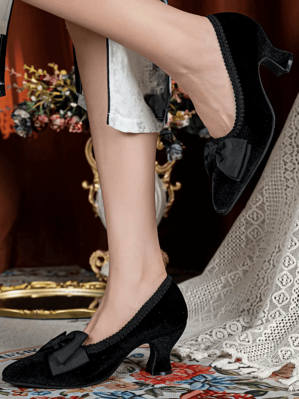Handmade Gothic Black Silk Velvet Bow Heels with Lambskin Insole - WonderlandByLilian