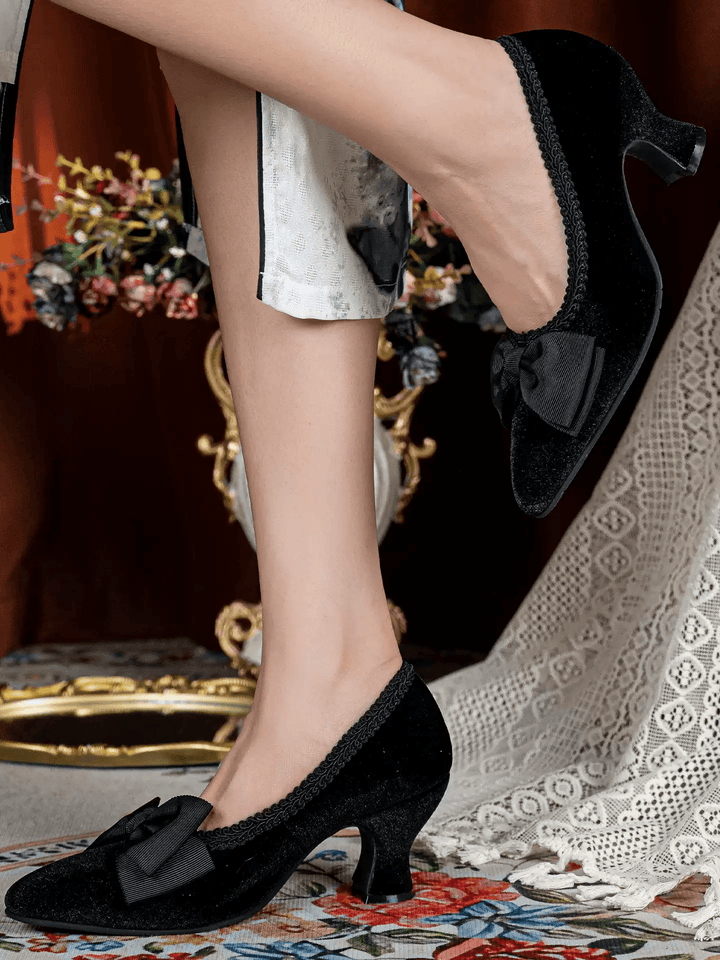 Handmade Gothic Black Silk Velvet Bow Heels with Lambskin Insole - WonderlandByLilian