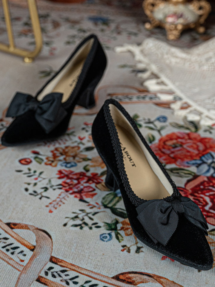 Handmade Gothic Black Silk Velvet Bow Heels with Lambskin Insole - WonderlandByLilian