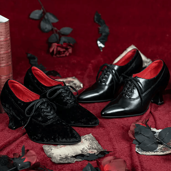Handmade Gothic Black Velvet Cowhide Leather Lace - Up Heels - WonderlandByLilian