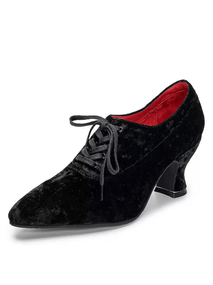 Handmade Gothic Black Velvet Cowhide Leather Lace - Up Heels - WonderlandByLilian