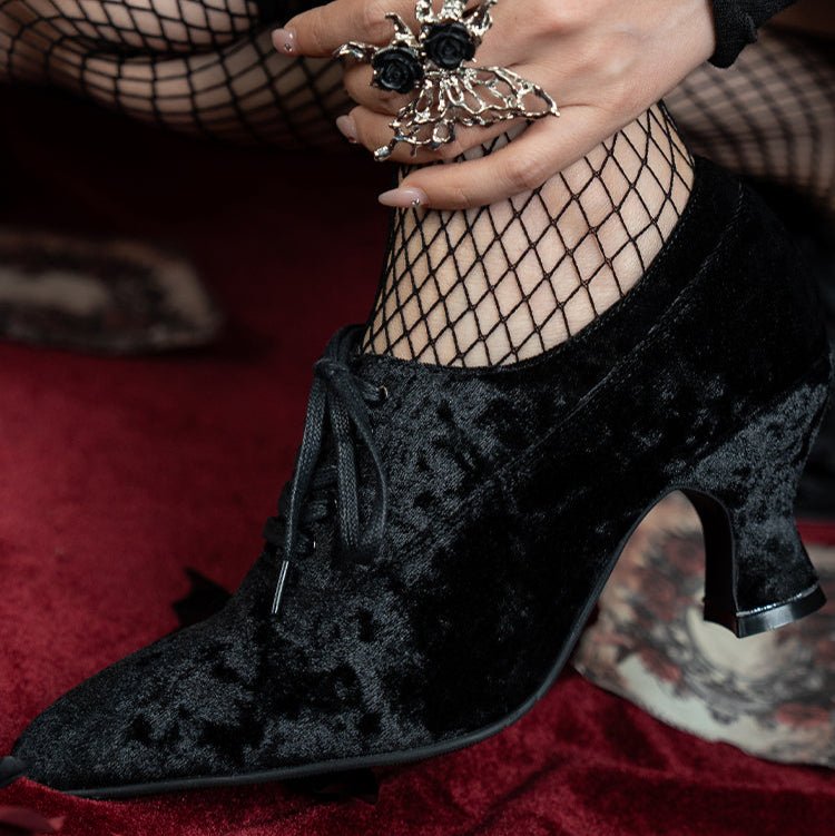Handmade Gothic Black Velvet Cowhide Leather Lace - Up Heels - WonderlandByLilian