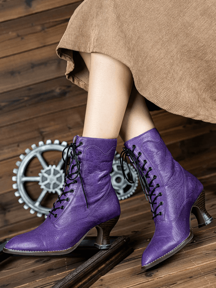 Handmade Gothic Purple Lambskin Leather Victorian Lace - Up Boots - WonderlandByLilian