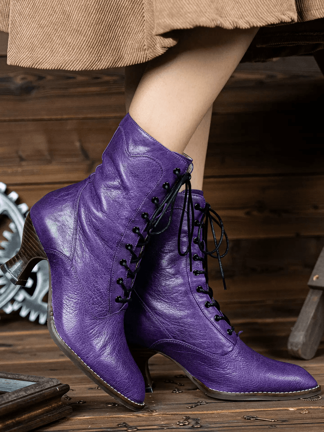 Handmade Gothic Purple Lambskin Leather Victorian Lace - Up Boots - WonderlandByLilian