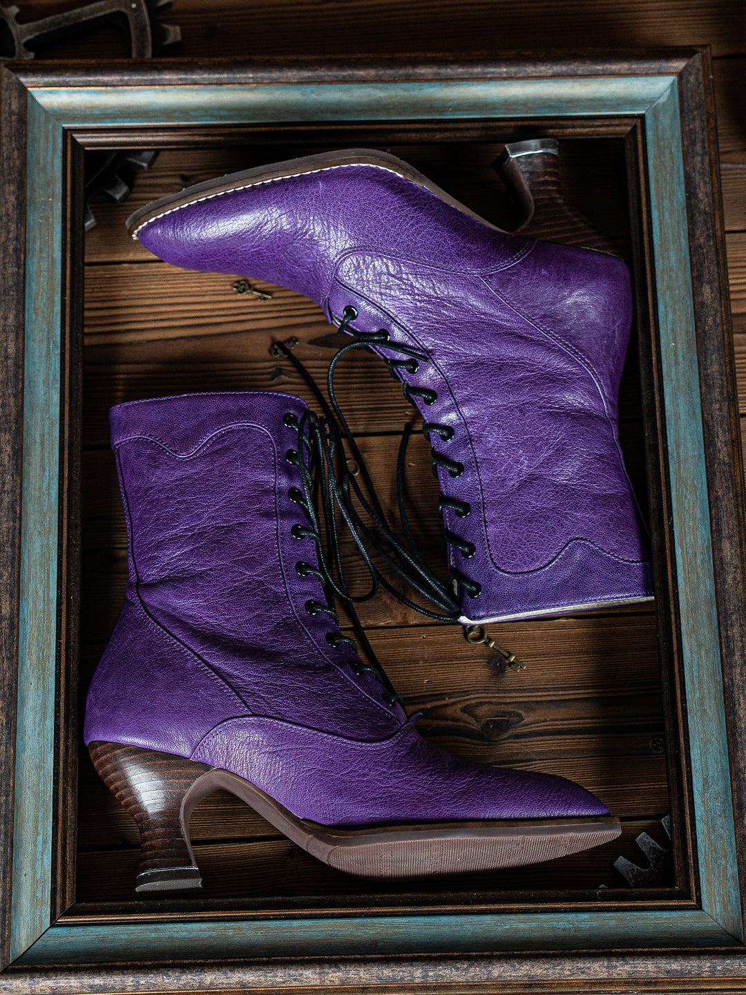 Handmade Gothic Purple Lambskin Leather Victorian Lace - Up Boots - WonderlandByLilian