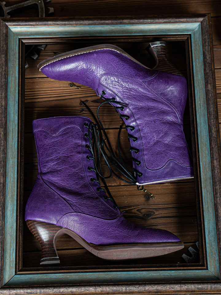 Handmade Gothic Purple Lambskin Leather Victorian Lace - Up Boots - WonderlandByLilian