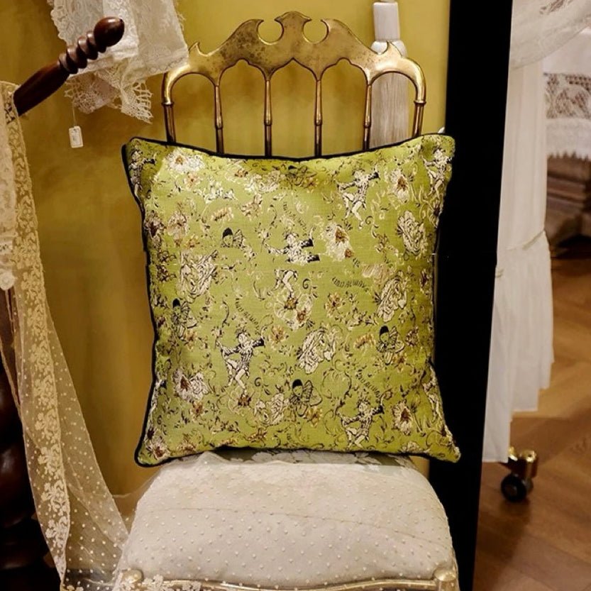 Handmade Olive Green Jester Cushion – Vintage Floral Pillow & Eclectic Couch Accent - WonderlandByLilian
