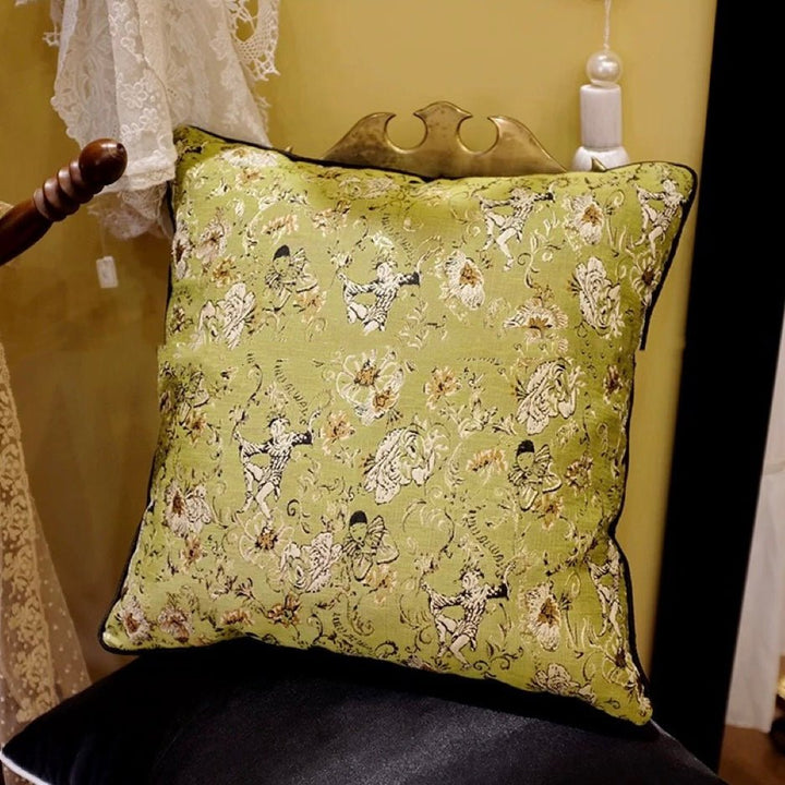 Handmade Olive Green Jester Cushion – Vintage Floral Pillow & Eclectic Couch Accent - WonderlandByLilian