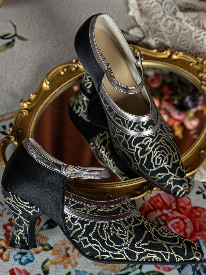 Handmade Regency Black and Gold Genuine Leather Embroidered Satin Heels - WonderlandByLilian