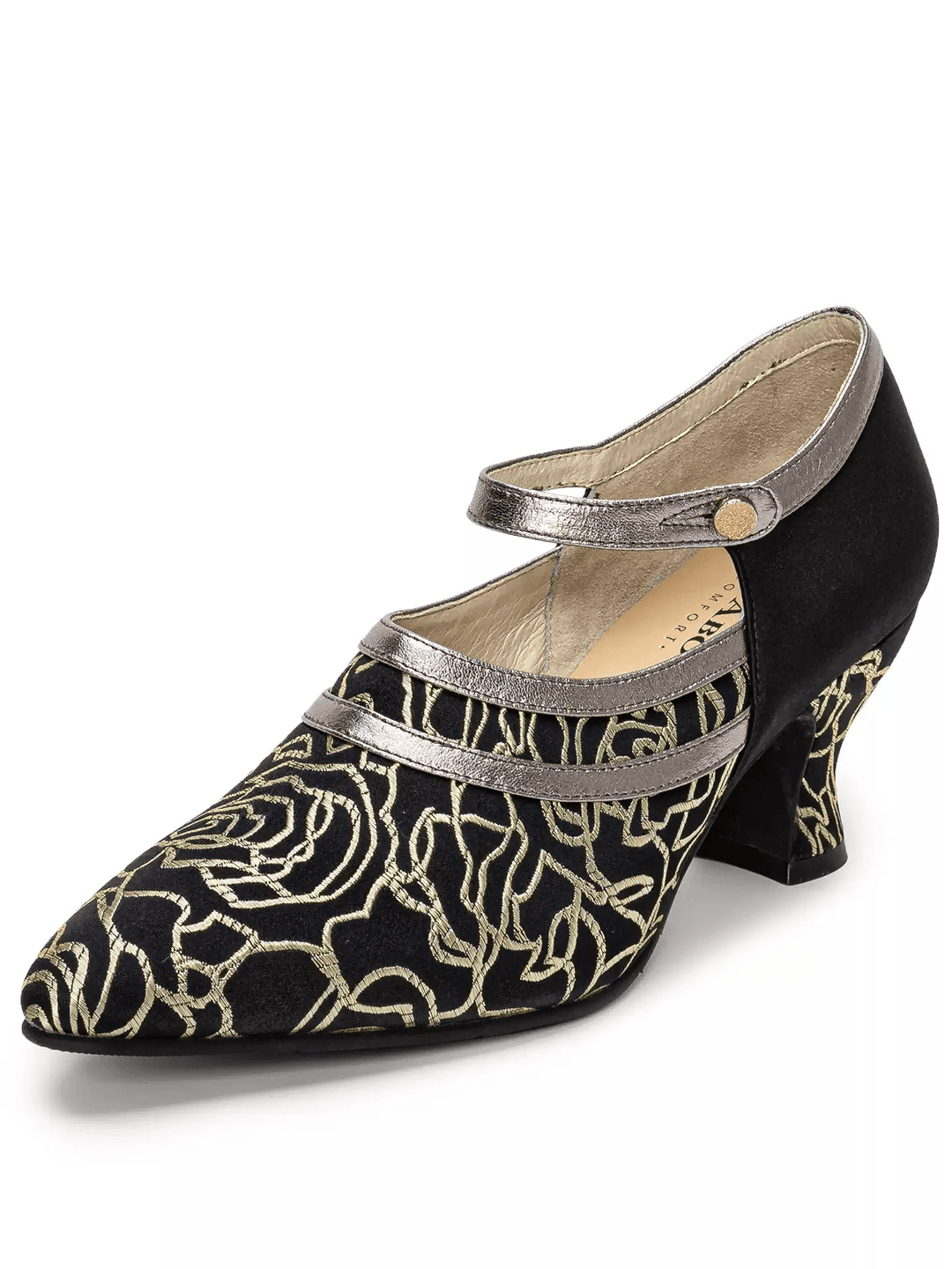 Handmade Regency Black and Gold Genuine Leather Embroidered Satin Heels - WonderlandByLilian