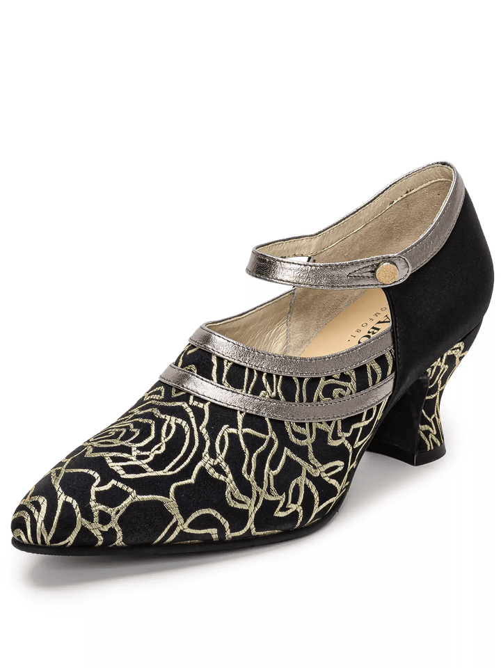Handmade Regency Black and Gold Genuine Leather Embroidered Satin Heels - WonderlandByLilian