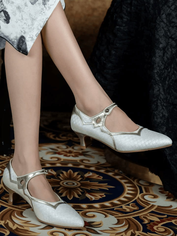 Handmade Regency Blue Brocade Mary Jane Heels with Lambskin Insole - WonderlandByLilian