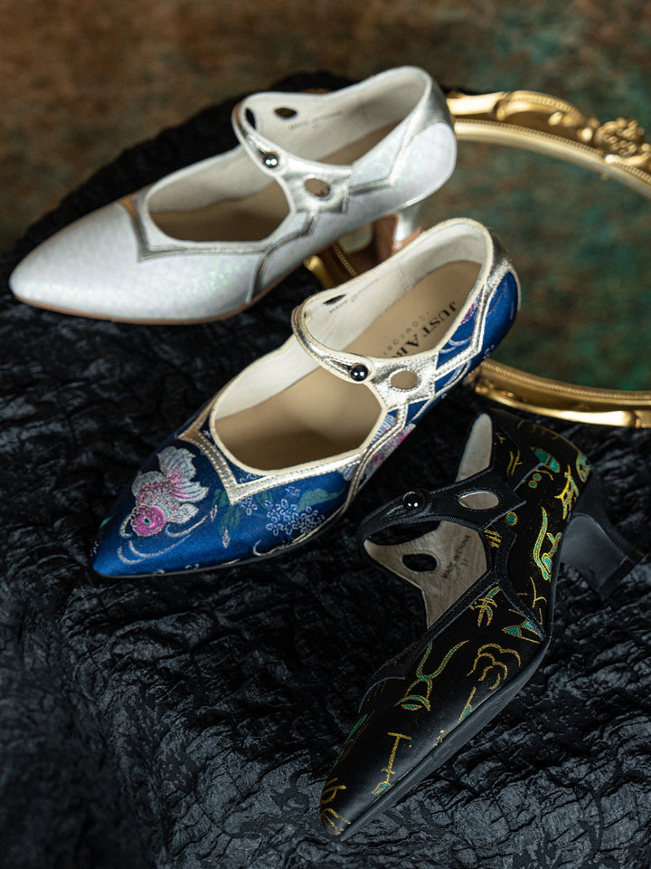 Handmade Regency Blue Brocade Mary Jane Heels with Lambskin Insole - WonderlandByLilian