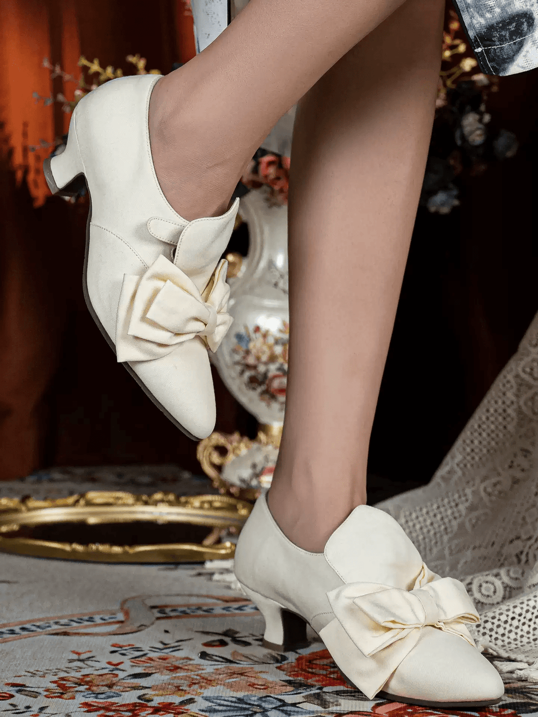 Handmade Regency Cream Lambskin Leather Low Heels with Bow - WonderlandByLilian