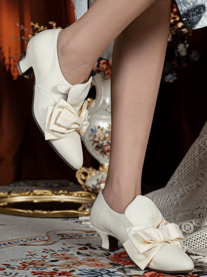 Handmade Regency Cream Lambskin Leather Low Heels with Bow - WonderlandByLilian