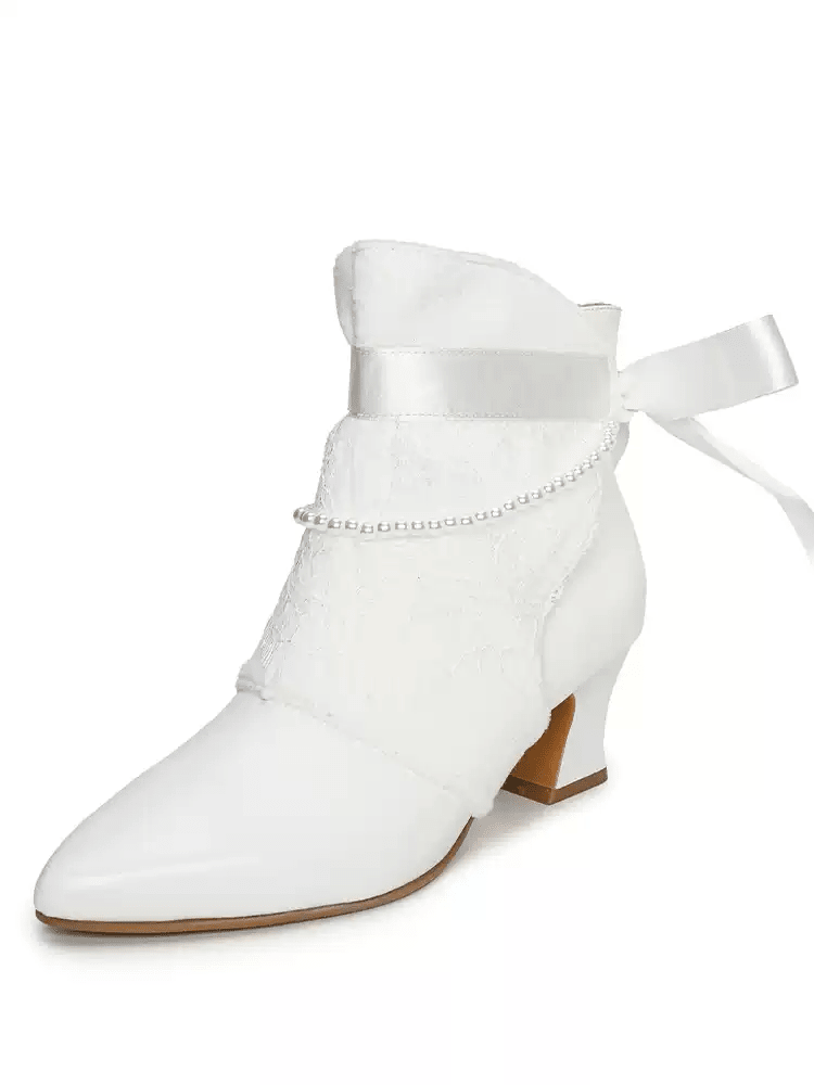 Handmade Regency White Lambskin Leather Ankle Boots with Lace and Pearl Trim - WonderlandByLilian