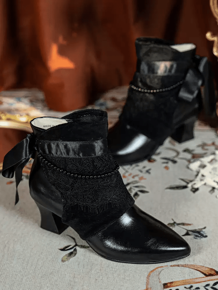 Handmade Regency White Lambskin Leather Ankle Boots with Lace and Pearl Trim - WonderlandByLilian