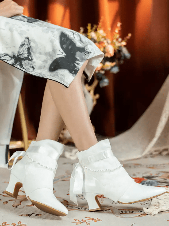 Handmade Regency White Lambskin Leather Ankle Boots with Lace and Pearl Trim - WonderlandByLilian