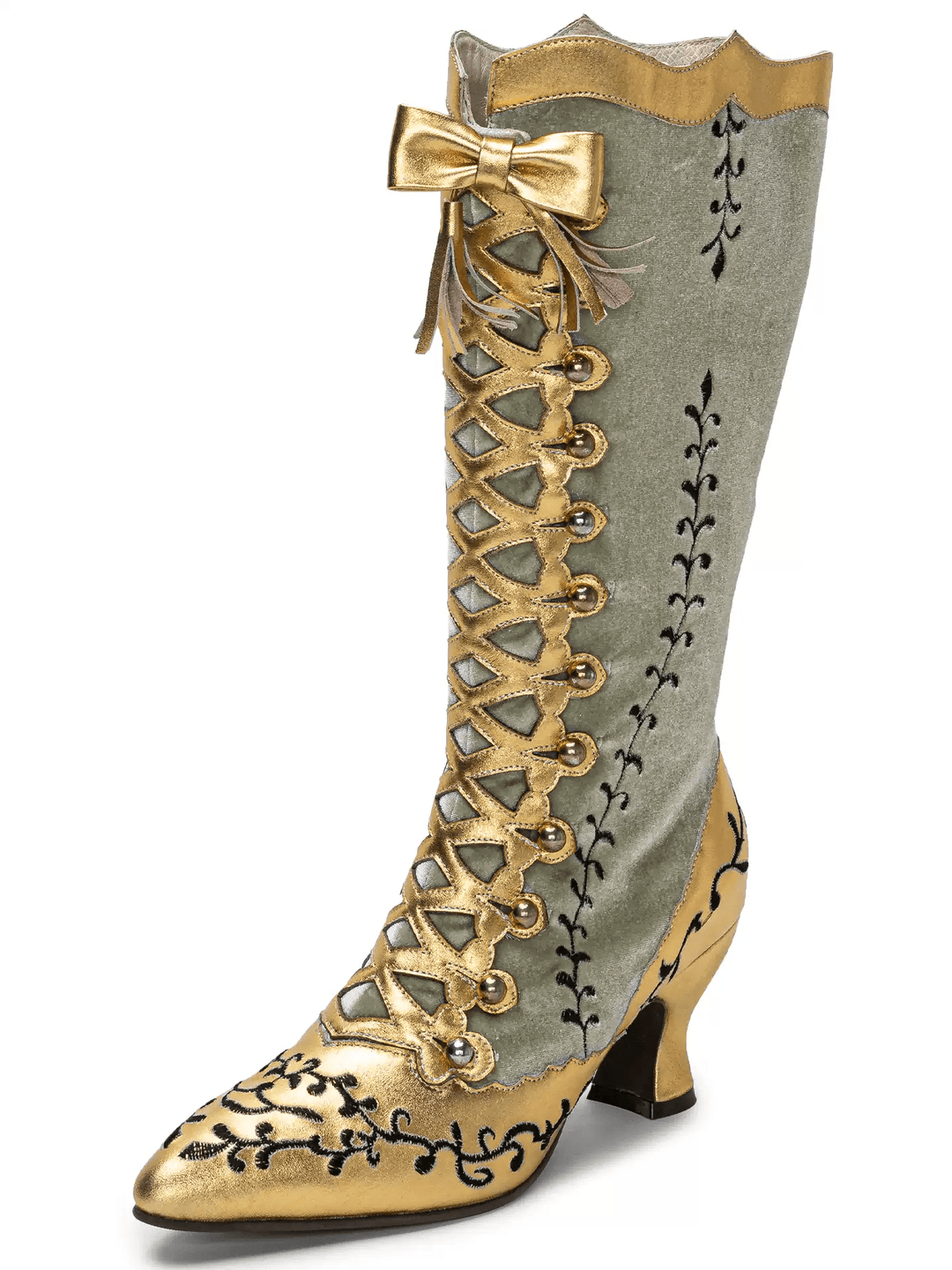 Handmade Rococo Sage Gold and Green Lambskin Leather Silk Mid - Calf Boots with Bow - WonderlandByLilian