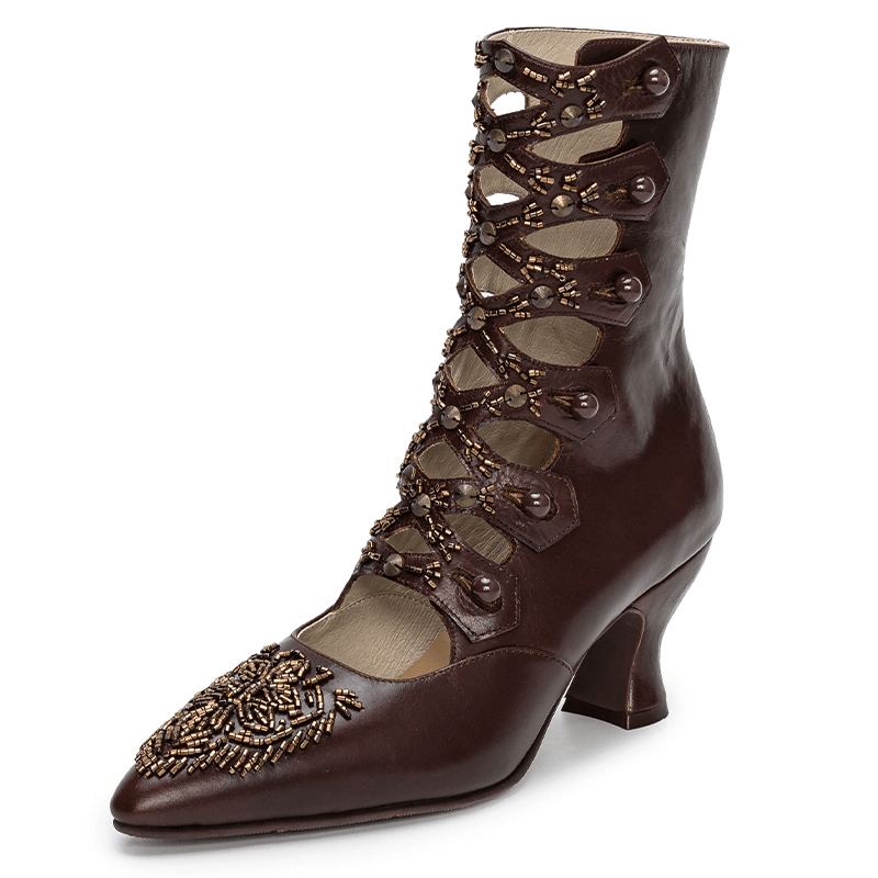 Handmade Victorian Brown Oil - Waxed Cowhide Leather Cutout Mid - Calf Boots with Beaded Embroidery - WonderlandByLilian