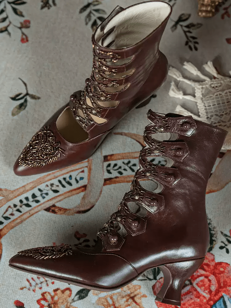 Handmade Victorian Brown Oil - Waxed Cowhide Leather Cutout Mid - Calf Boots with Beaded Embroidery - WonderlandByLilian