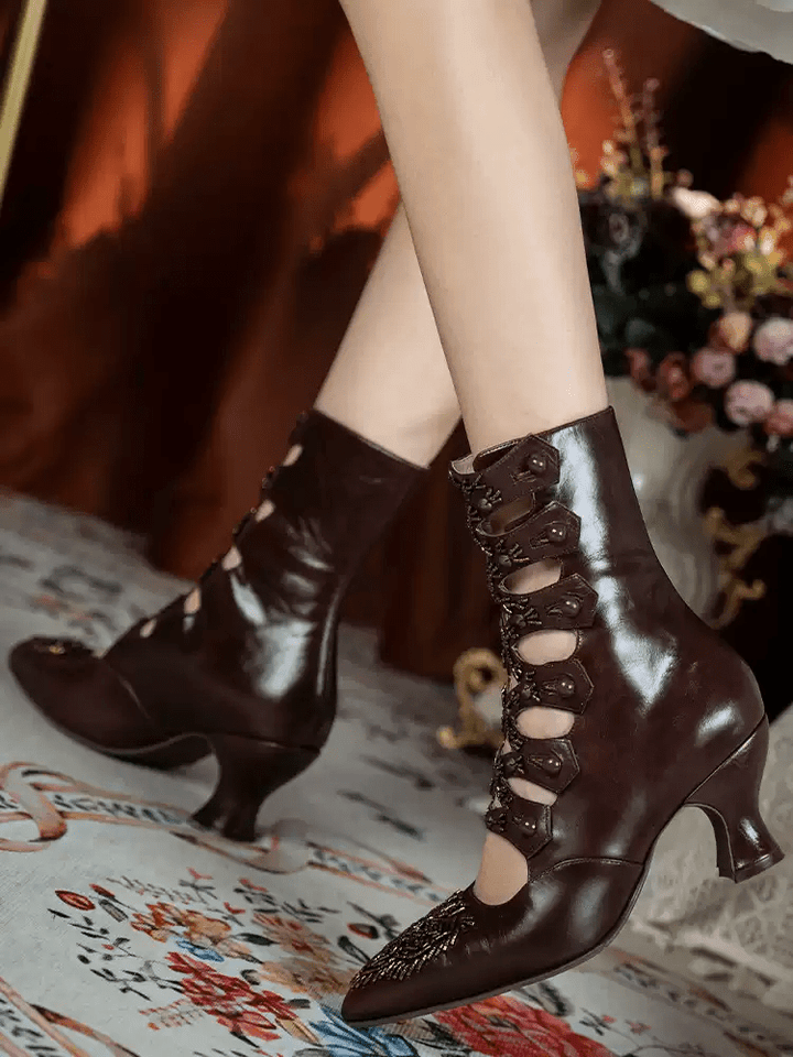 Handmade Victorian Brown Oil - Waxed Cowhide Leather Cutout Mid - Calf Boots with Beaded Embroidery - WonderlandByLilian