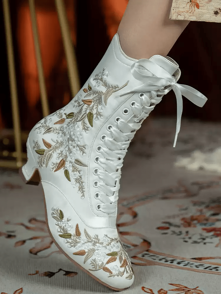 Handmade Victorian White Embroidered Silk Lace - Up Mid - Calf Boots with Lambskin Insole - WonderlandByLilian