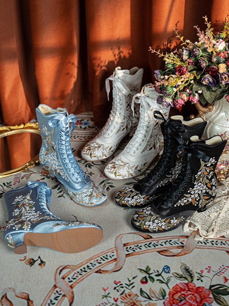 Handmade Victorian White Embroidered Silk Lace - Up Mid - Calf Boots with Lambskin Insole - WonderlandByLilian
