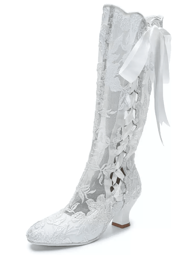 Handmade Victorian White Lace Lambskin Leather Boots with Satin Ribbon - WonderlandByLilian