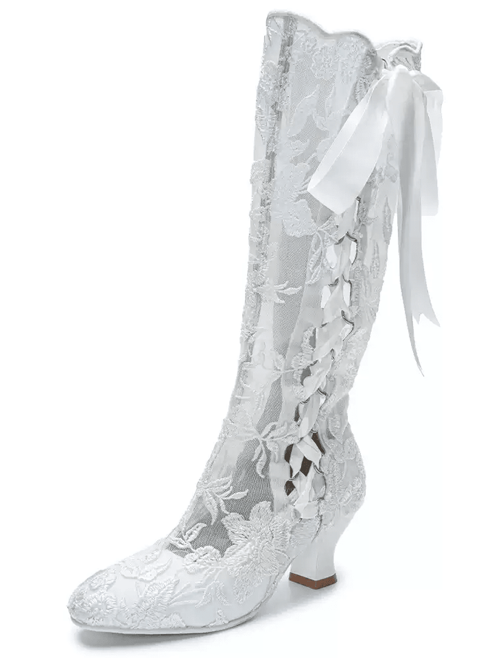 Handmade Victorian White Lace Lambskin Leather Boots with Satin Ribbon - WonderlandByLilian