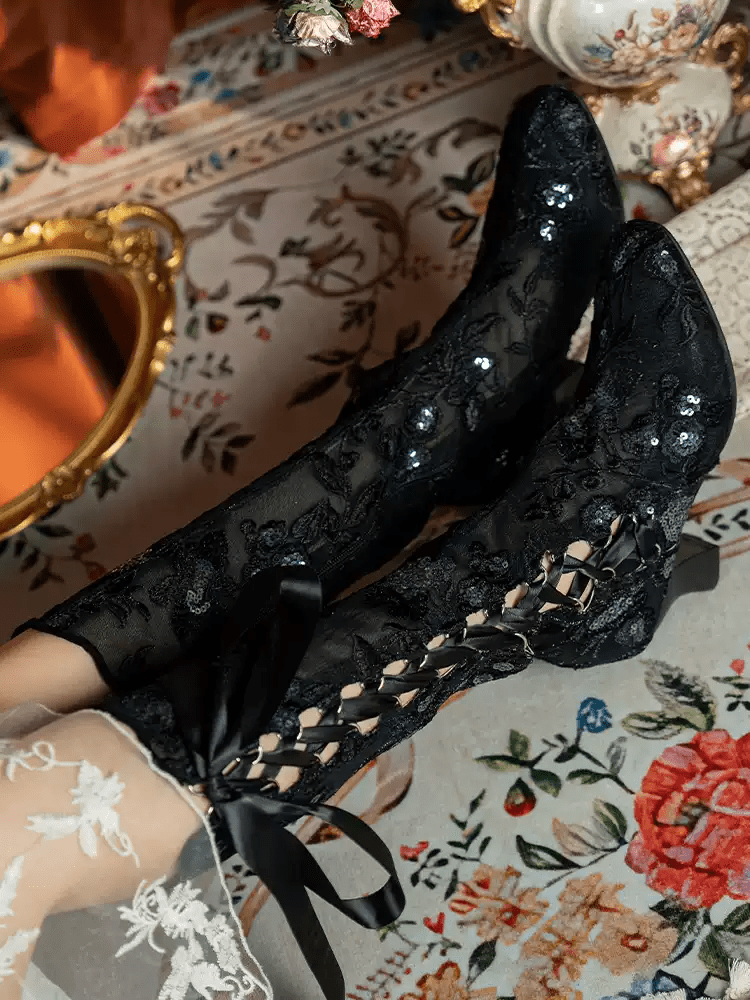 Handmade Victorian White Lace Lambskin Leather Boots with Satin Ribbon - WonderlandByLilian