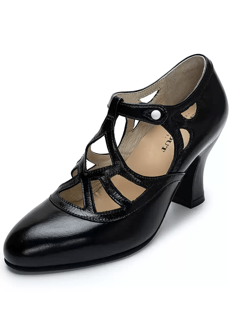 Handmade Vintage Black Cut - Out Mary Jane Cowhide Leather Heels - WonderlandByLilian