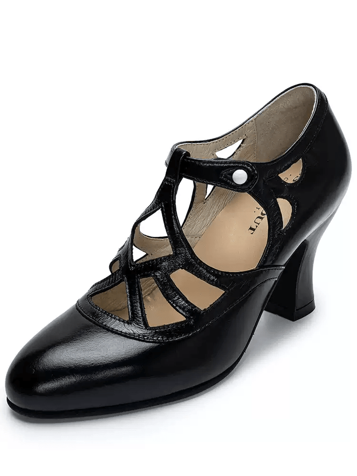 Handmade Vintage Black Cut - Out Mary Jane Cowhide Leather Heels - WonderlandByLilian