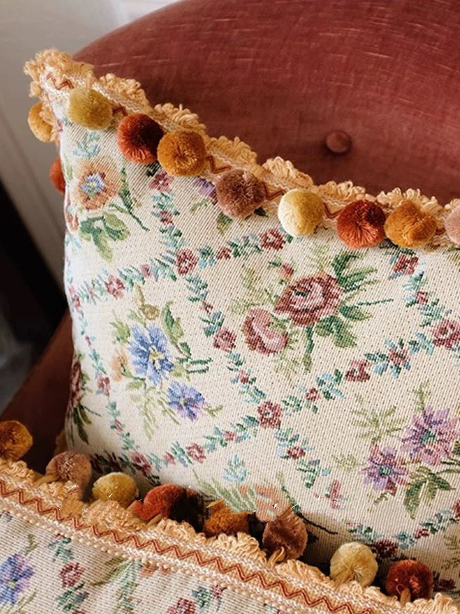 Handmade Vintage Floral Cushion with Pom Pom Trim – Rustic Floral Pillow Cover & Eclectic Couch Pillow - WonderlandByLilian
