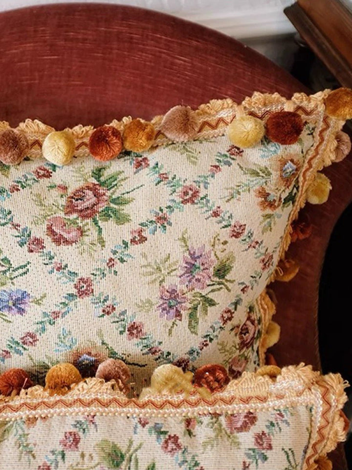 Handmade Vintage Floral Cushion with Pom Pom Trim – Rustic Floral Pillow Cover & Eclectic Couch Pillow - WonderlandByLilian