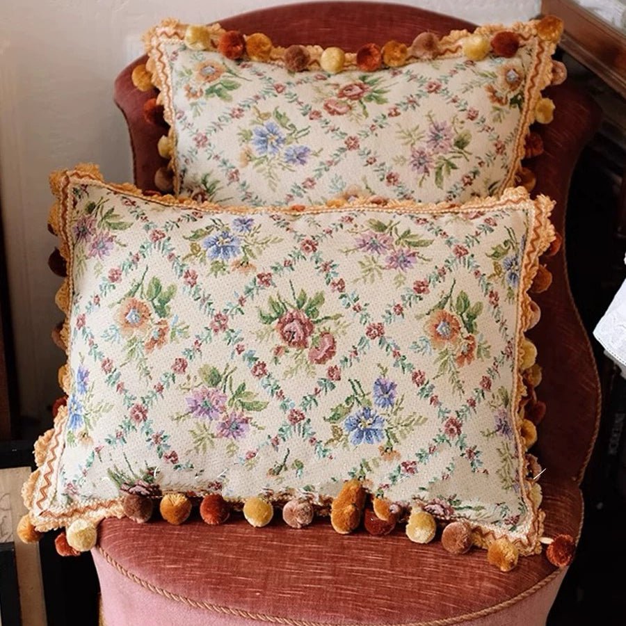 Handmade Vintage Floral Cushion with Pom Pom Trim – Rustic Floral Pillow Cover & Eclectic Couch Pillow - WonderlandByLilian