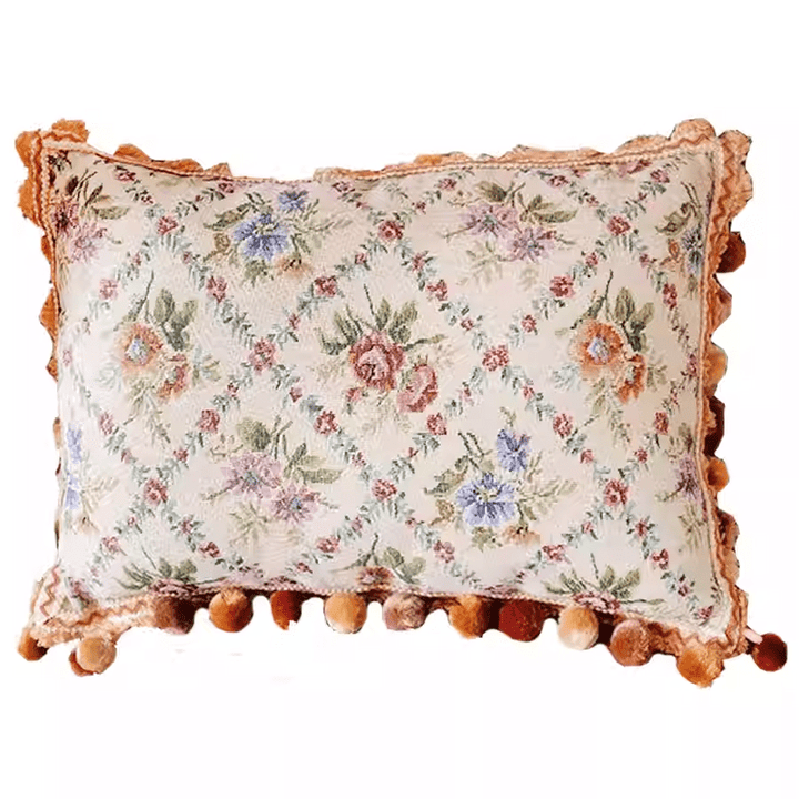 Handmade Vintage Floral Cushion with Pom Pom Trim – Rustic Floral Pillow Cover & Eclectic Couch Pillow - WonderlandByLilian