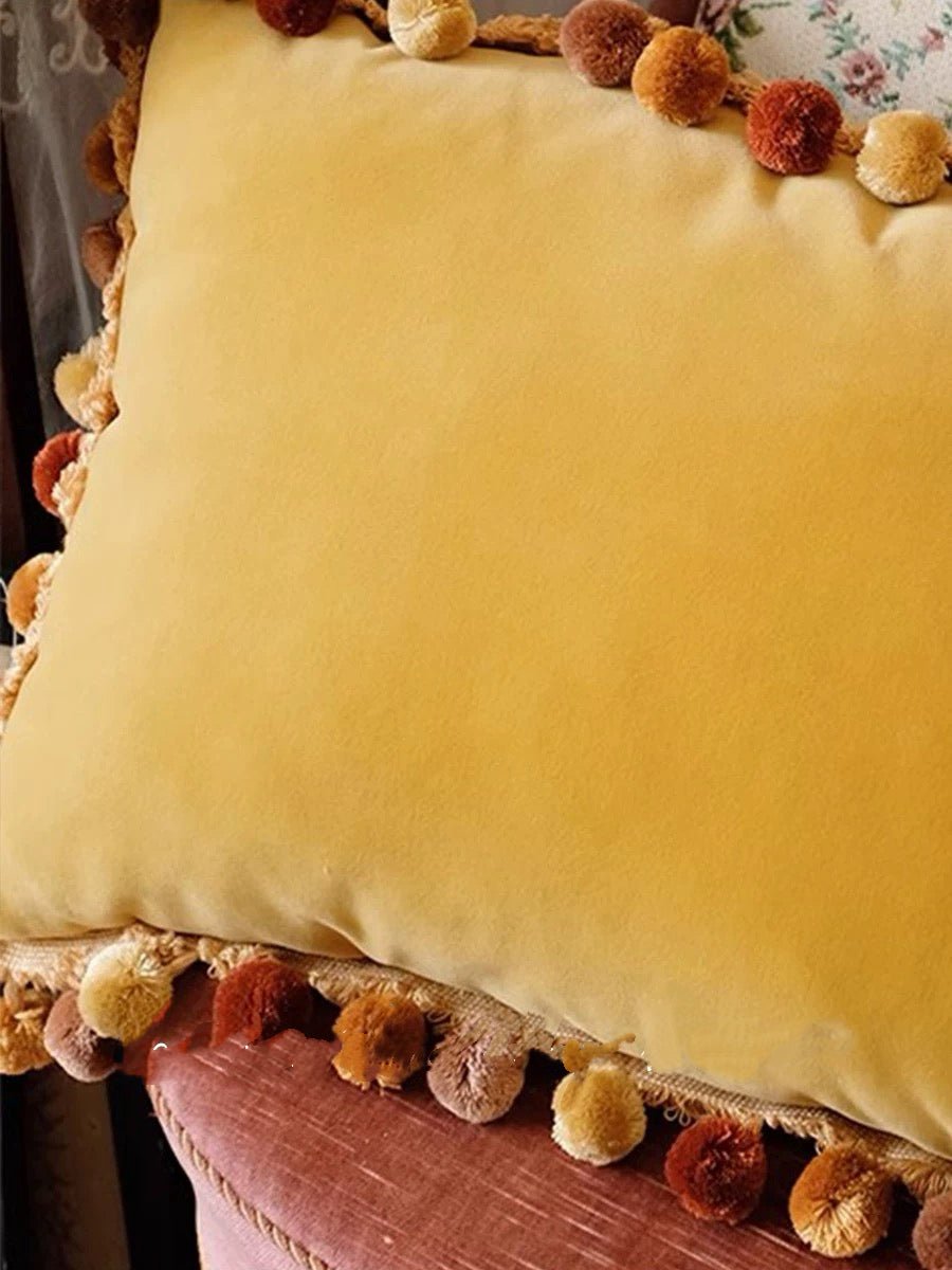 Handmade Vintage Floral Cushion with Pom Pom Trim – Rustic Floral Pillow Cover & Eclectic Couch Pillow - WonderlandByLilian