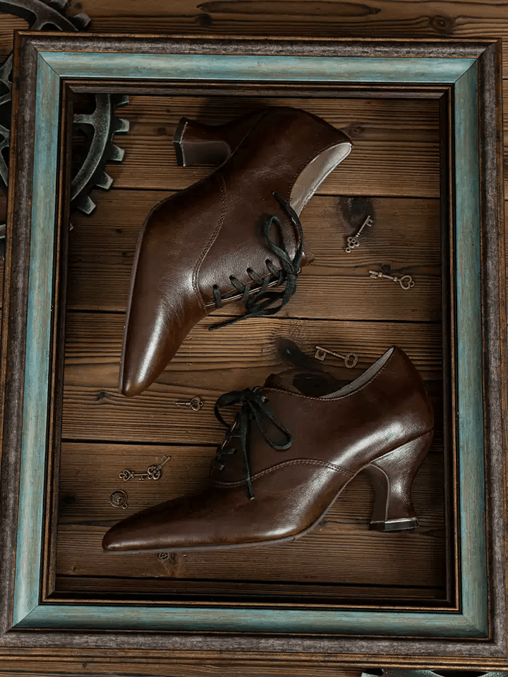 Handmade Vintage - Inspired Brown Oil - Waxed Cowhide Leather Victorian Lace - Up Heels - WonderlandByLilian
