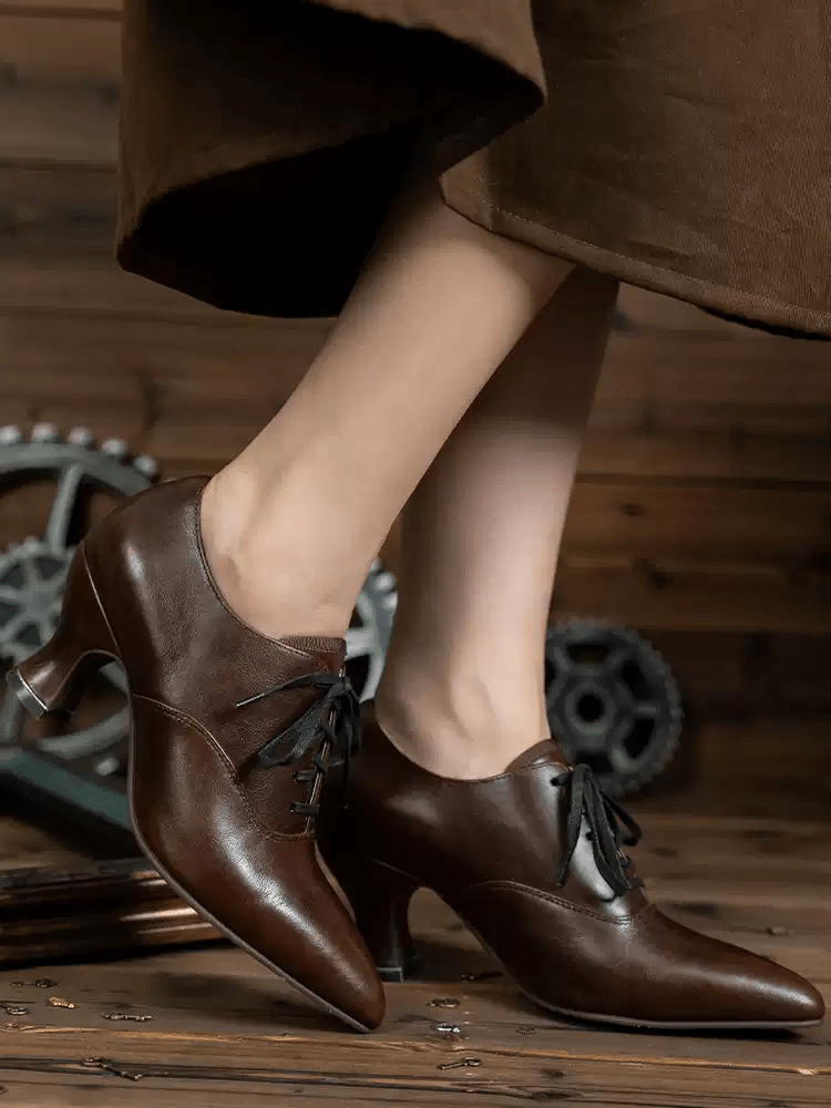Handmade Vintage - Inspired Brown Oil - Waxed Cowhide Leather Victorian Lace - Up Heels - WonderlandByLilian