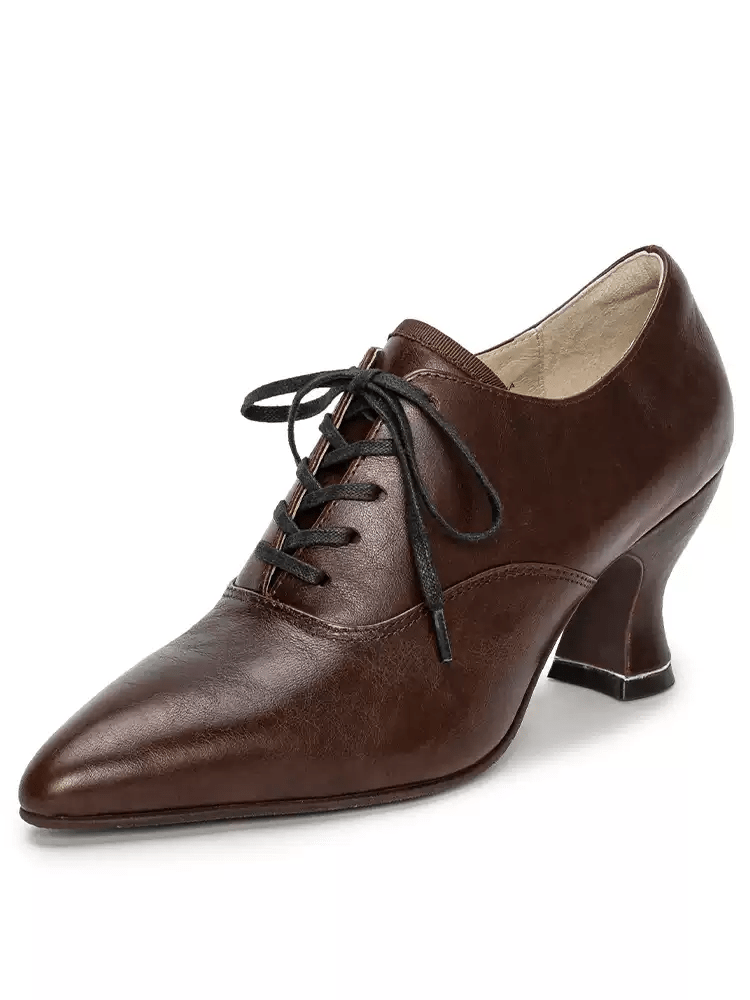 Handmade Vintage - Inspired Brown Oil - Waxed Cowhide Leather Victorian Lace - Up Heels - WonderlandByLilian
