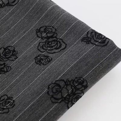 Herringbone Patterned Rose Floral Velour Fabric in Dark Grey for Women's Outerwear and Dresses - WonderlandByLilian