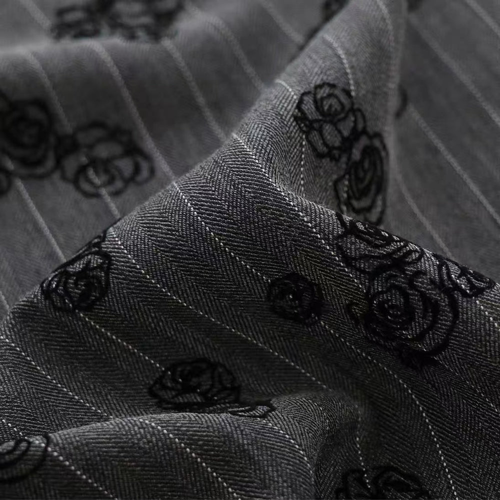 Herringbone Patterned Rose Floral Velour Fabric in Dark Grey for Women's Outerwear and Dresses - WonderlandByLilian