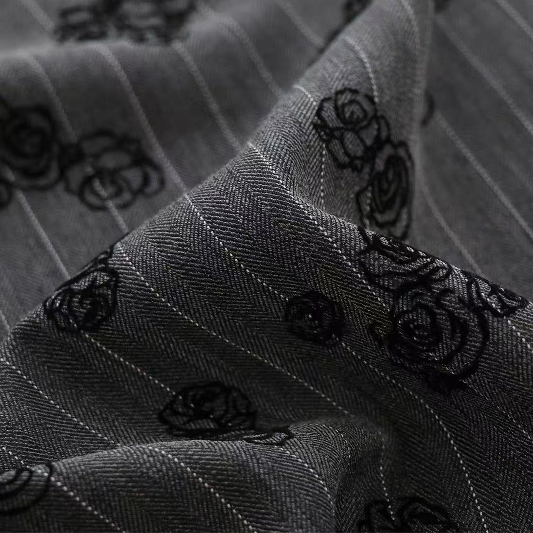 Herringbone Patterned Rose Floral Velour Fabric in Dark Grey for Women's Outerwear and Dresses - WonderlandByLilian