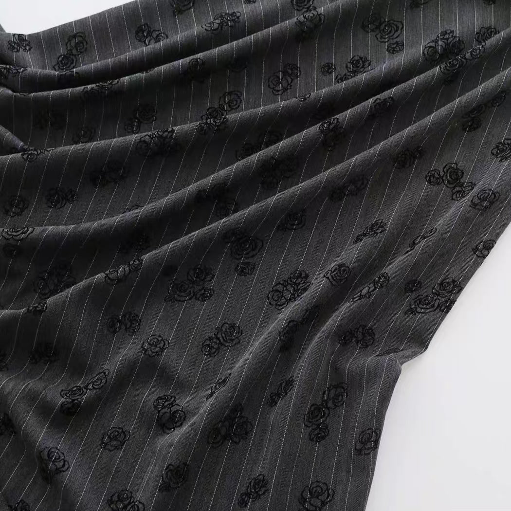 Herringbone Patterned Rose Floral Velour Fabric in Dark Grey for Women's Outerwear and Dresses - WonderlandByLilian