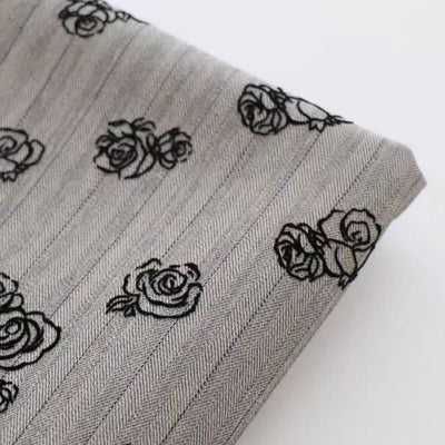 Herringbone Patterned Rose Floral Velour Fabric in Grey for Women's Outerwear and Dresses - WonderlandByLilian