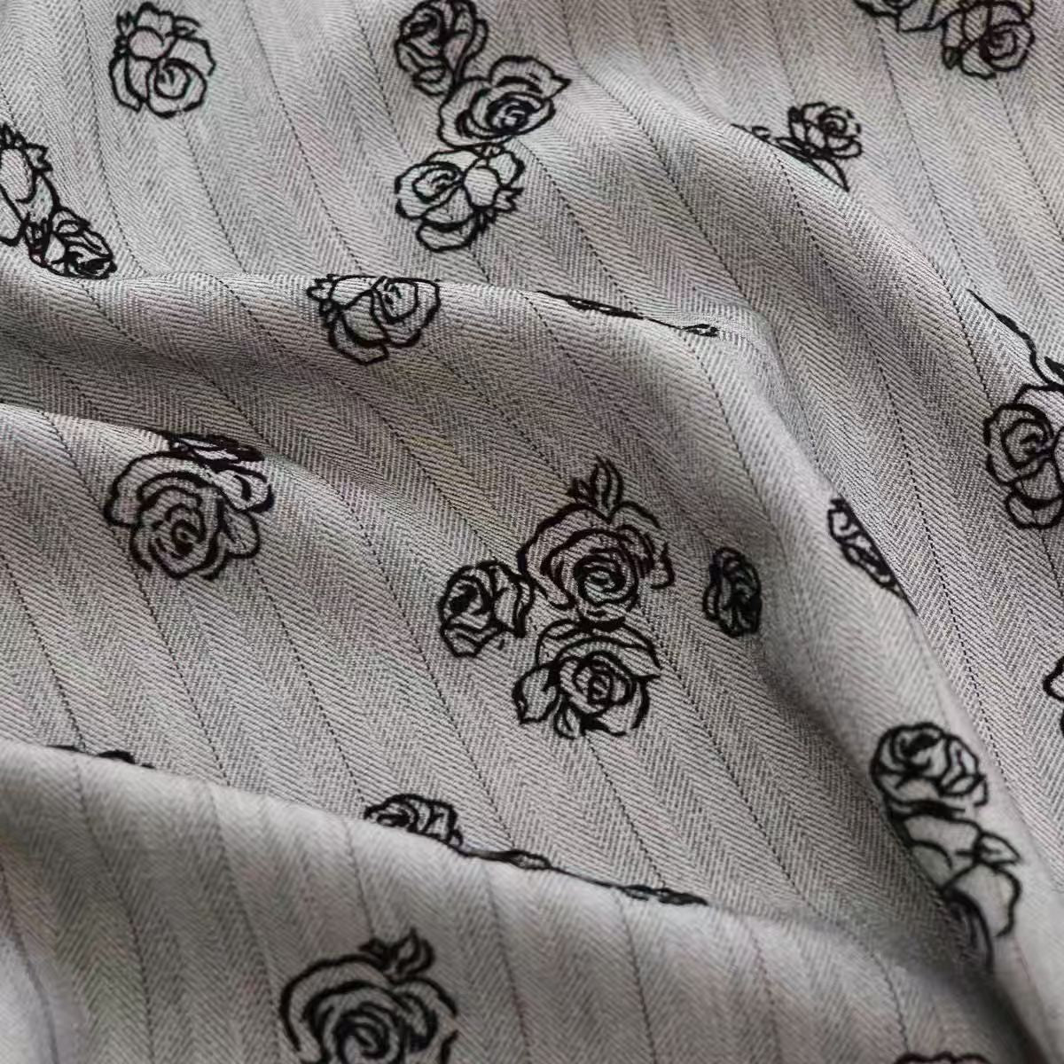 Herringbone Patterned Rose Floral Velour Fabric in Grey for Women's Outerwear and Dresses - WonderlandByLilian