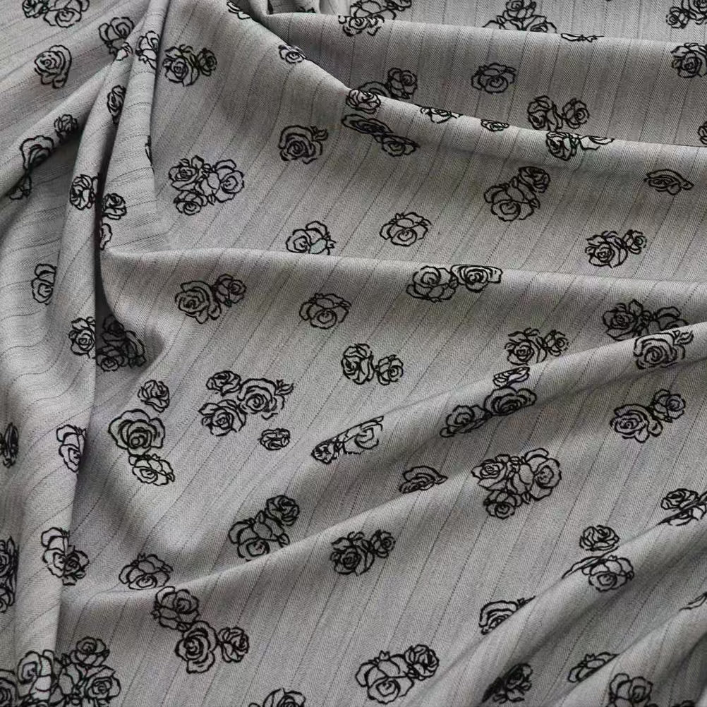 Herringbone Patterned Rose Floral Velour Fabric in Grey for Women's Outerwear and Dresses - WonderlandByLilian