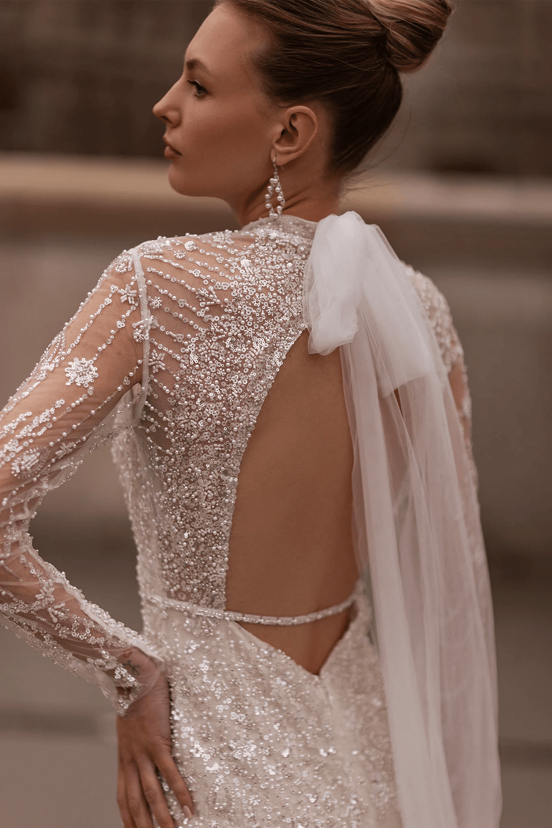 High Neck Wedding Dress for Wedding - Long Sleeves Wedding Dress – Sequin Wedding Gown with Open Back and Bow Train Plus Size - WonderlandByLilian