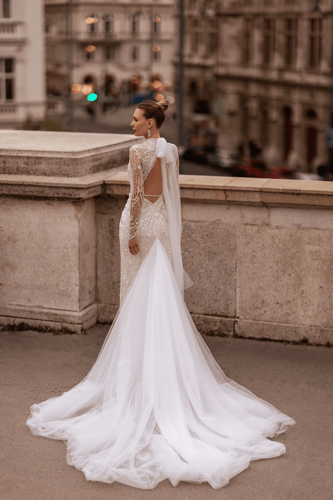 High Neck Wedding Dress for Wedding - Long Sleeves Wedding Dress – Sequin Wedding Gown with Open Back and Bow Train Plus Size - WonderlandByLilian